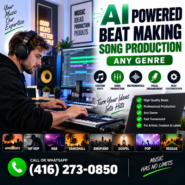 AI POWERED BEAT MAKING, CUSTOM SONGS ANY GENRE 416-273-0850