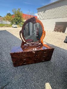 Free delivery used Vintage Burl Wood Dresser with Oval Mirror