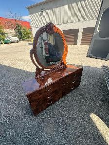 Free delivery used Vintage Burl Wood Dresser with Oval Mirror - Photo 10