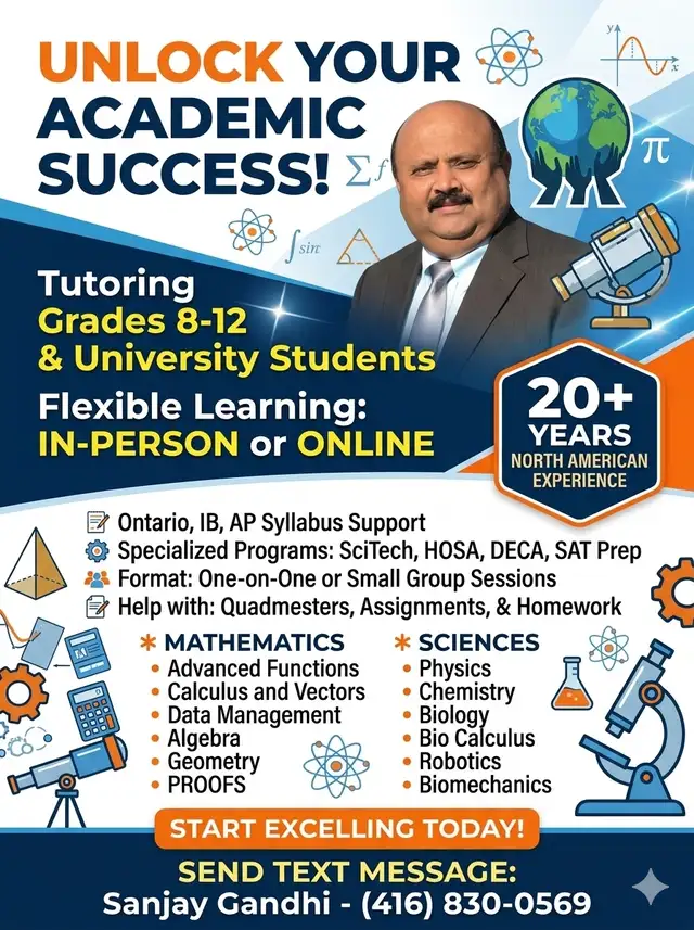 Gr 8 to 12 Tutoring  University, High School In your home