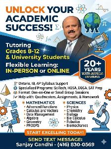 Gr 8 to 12 Tutoring  University, High School In your home