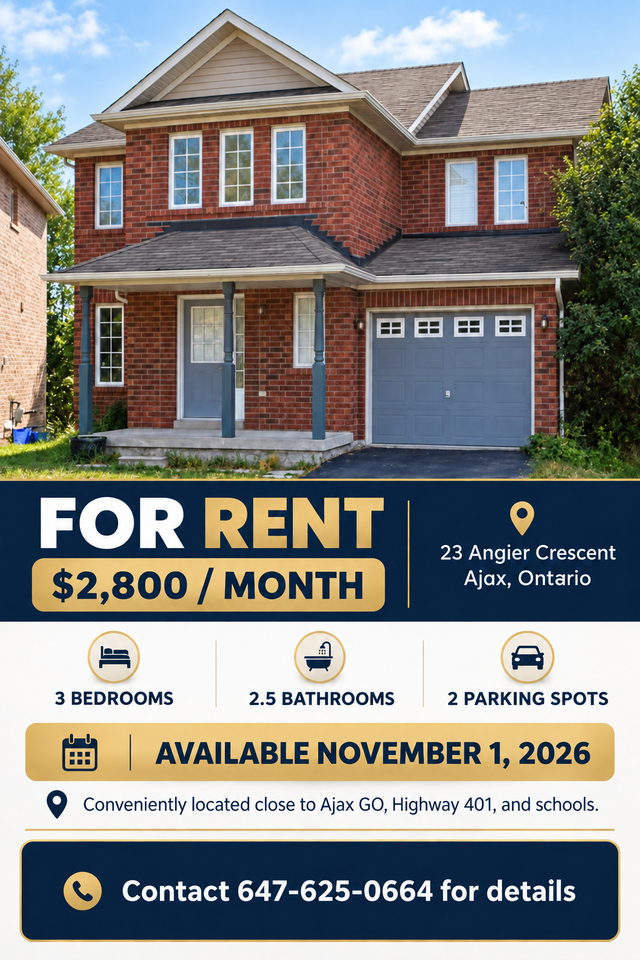 Beautiful 3-Bedroom Home for Rent in Ajax