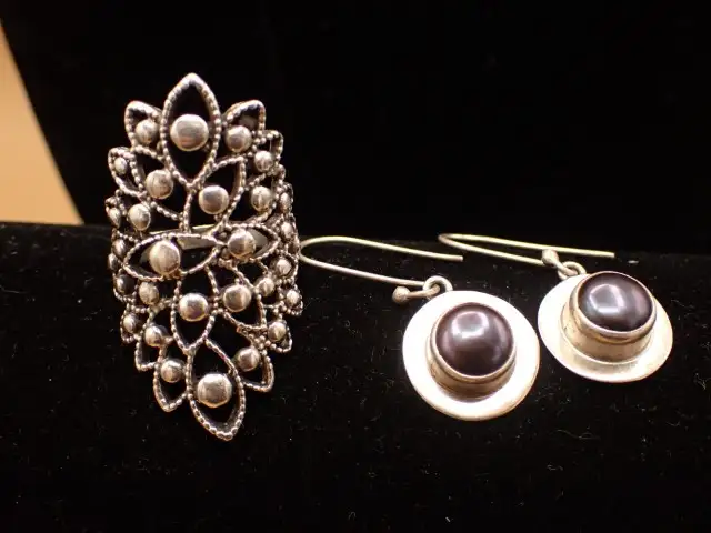 Sterling Silver Dangle Earrings and Open Work Ring