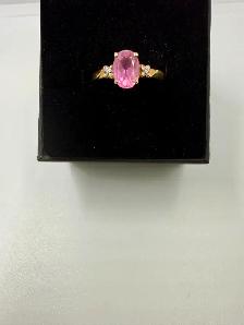 Women's 10K Gold Ring w Pink Topaz & Small Diamonds~Size 7