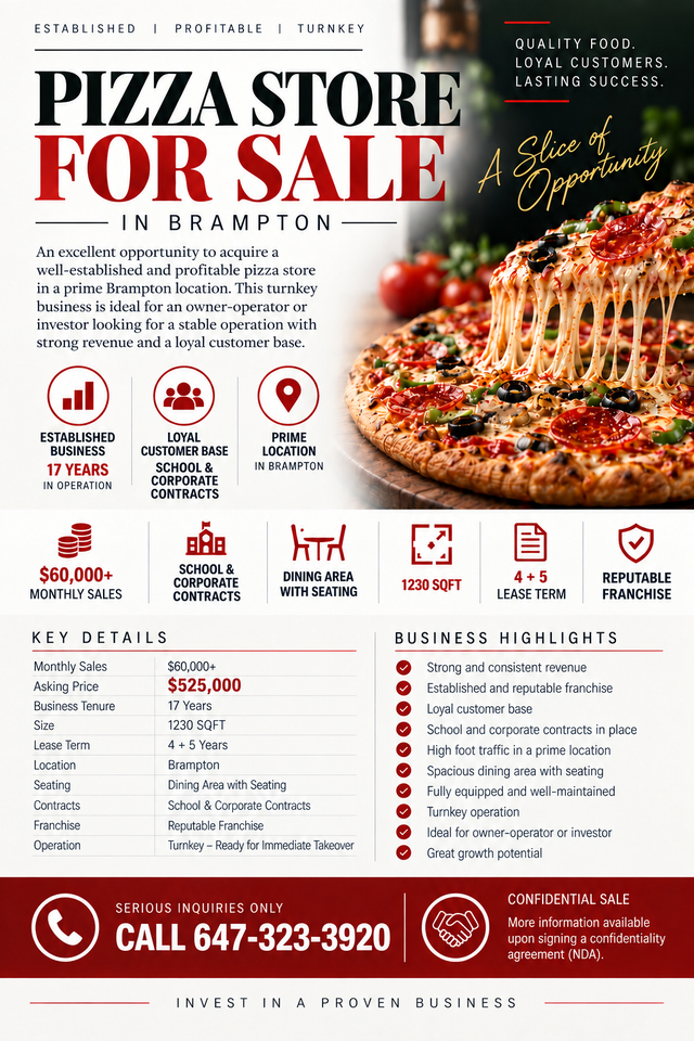 PIZZA STORE FOR SALE IN BRAMPTON ! BUSY LOCATION !