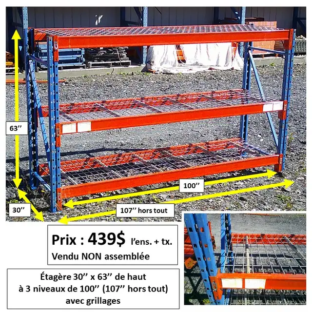Étagère en racking 30''prof.x63''haut 3 niveaux 100'', grilles.