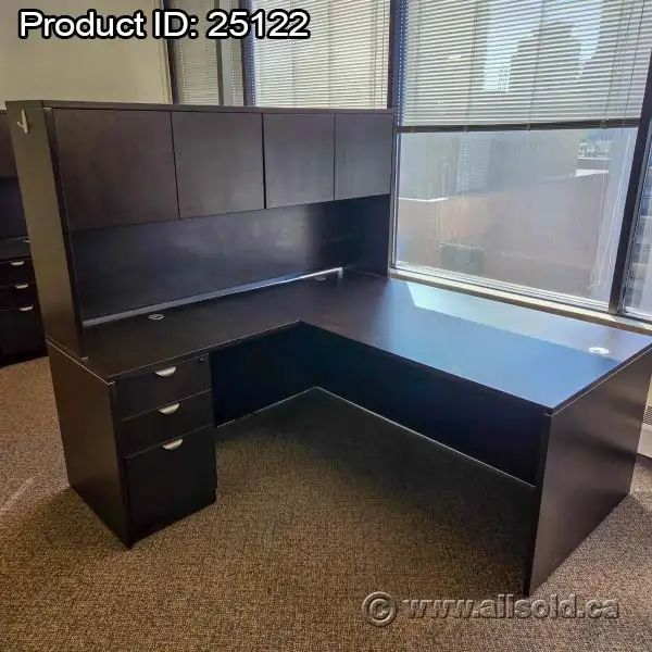 Espresso L Suite Office Desk w/ Drawer, Overhead Storage