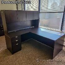 Espresso L Suite Office Desk w/ Drawer, Overhead Storage