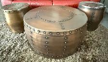 Round Antique Copper Finish Coffee Table & 2 Matching End Tables
