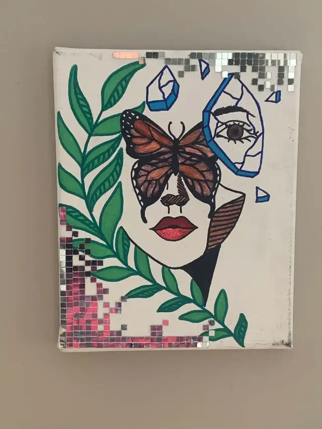 Original Painting – Butterfly Face with Mirror Mosaic (16x20)
