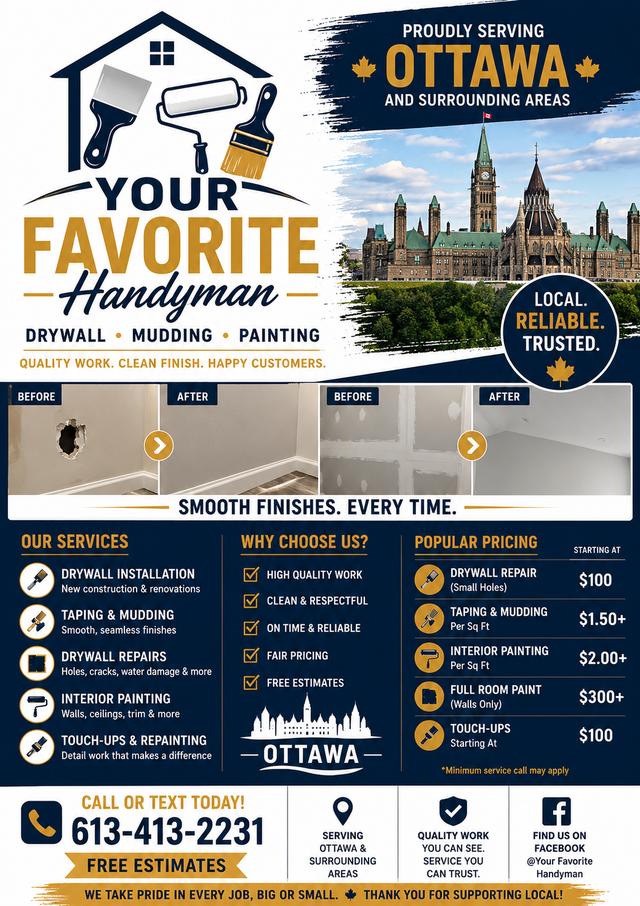 Drywall Repair, Mudding and Painting Services