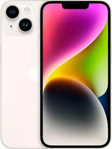 IPhone 14 128 GB with a charger in Starlight colour