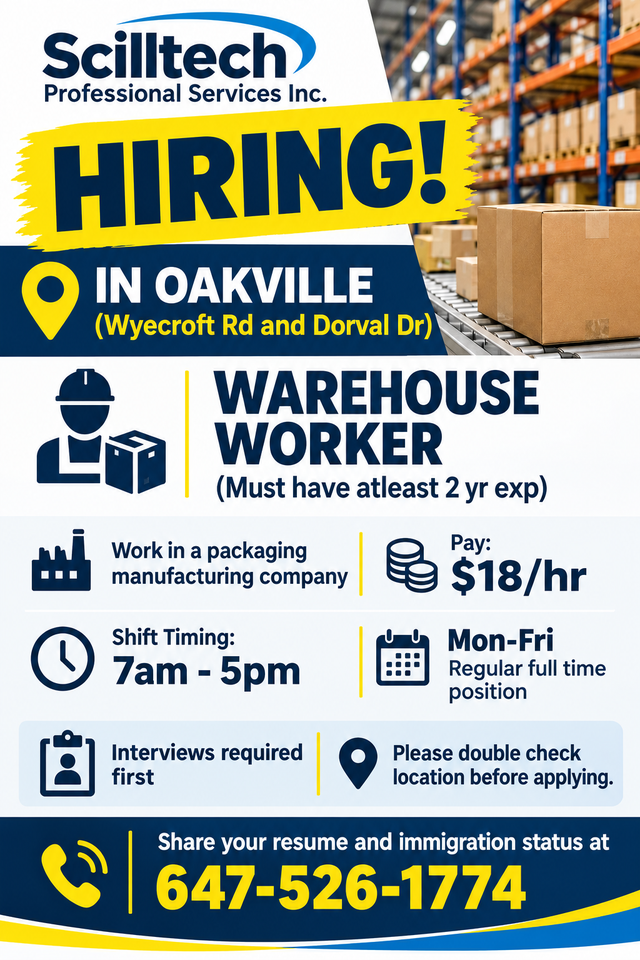 Hiring! Warehouse Workers In Oakville