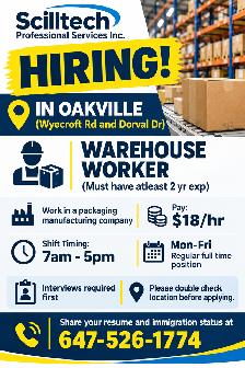 Hiring! Warehouse Workers In Oakville