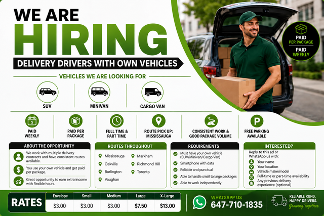 DELIVERY DRIVERS WITH OWN VEHICLES WANTED – GTA