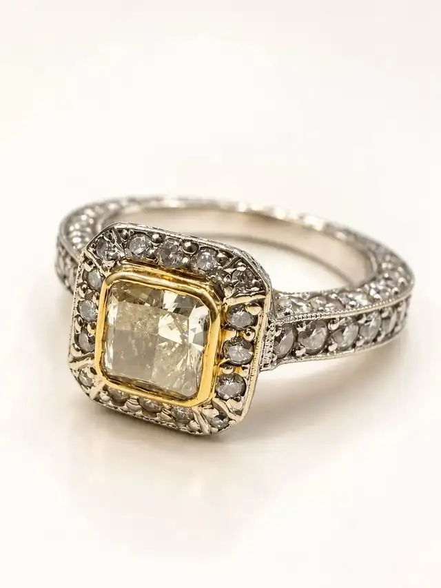 18 Karat Natural Yellow Diamond ArtDeco style Engagement Ring