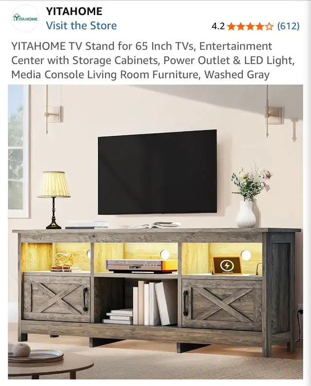 YITAHOME TV Stand 65 Inch Tvs, Power Outlet & LED Light, Grey