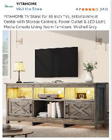 YITAHOME TV Stand 65 Inch Tvs, Power Outlet & LED Light, Grey