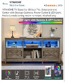 YITAHOME TV Stand 65 Inch Tvs, Power Outlet & LED Light, Grey - Photo 2