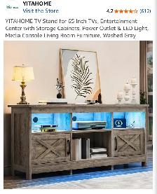 YITAHOME TV Stand 65 Inch Tvs, Power Outlet & LED Light, Grey - Photo 3