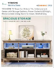 YITAHOME TV Stand 65 Inch Tvs, Power Outlet & LED Light, Grey - Photo 4