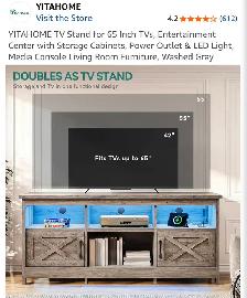 YITAHOME TV Stand 65 Inch Tvs, Power Outlet & LED Light, Grey - Photo 5