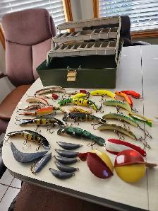 Musky fishing lures and tackle box