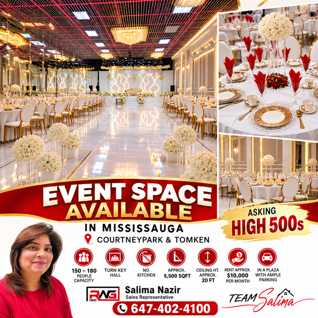 EVENT SPACE / BANQUET HALL IN MISSISSAUGA 150 TO 180 PPL