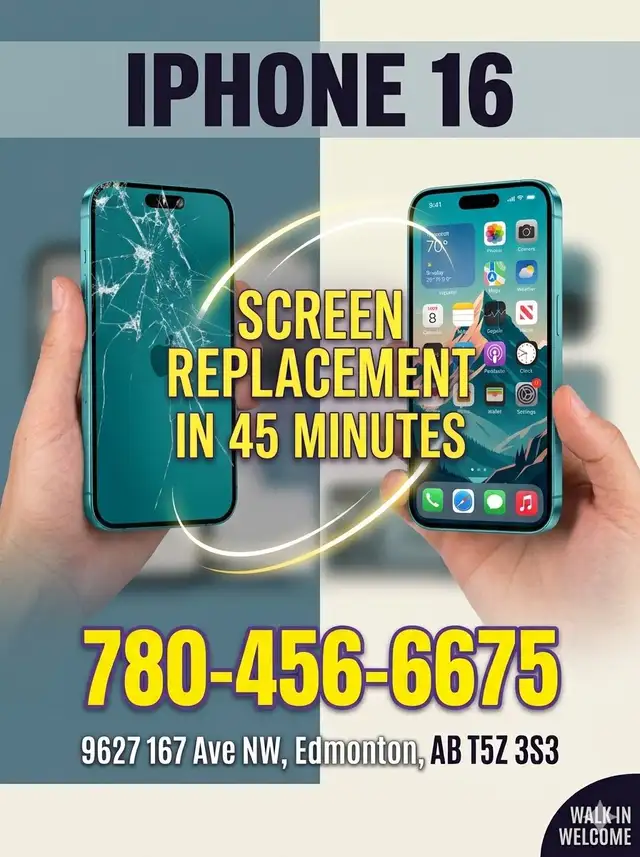 IPHONE 16 SCREEN REPLACMENT IN 45 MINUTES -780-456-6675