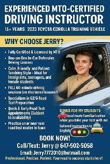 MTO CERTIFIED DRIVING INSTRUCTOR FOR G2 AND G | 647-502-5058