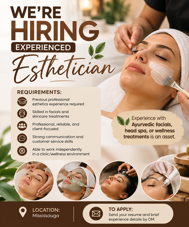 WE’RE HIRING — EXPERIENCED ESTHETICIAN!