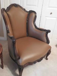 Antique Regency Carved Walnut Wing back Chair – New leather