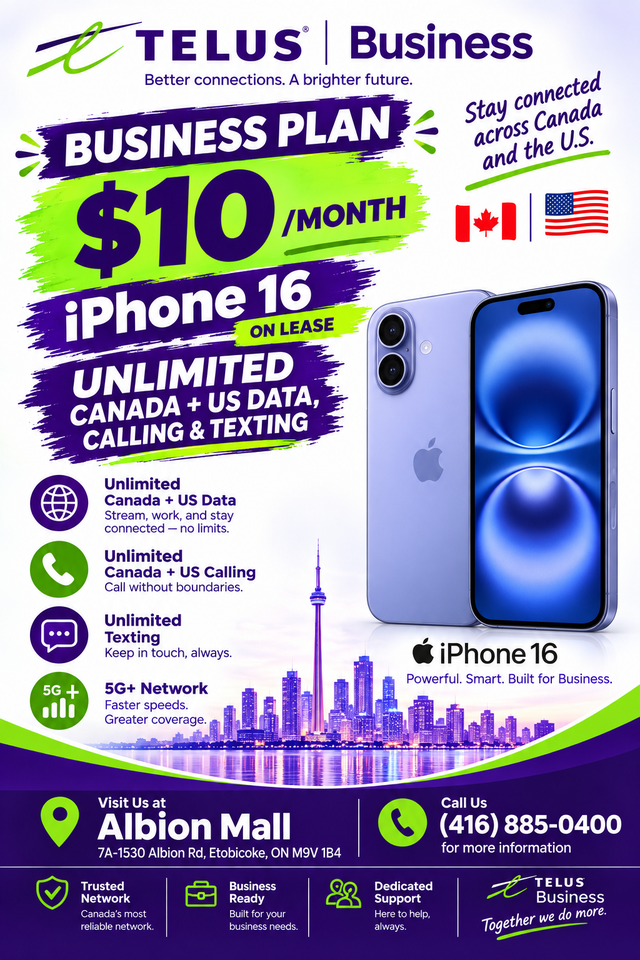 iPHONE 16 — ONLY $10/MONTH ON TELUS BUSINESS!