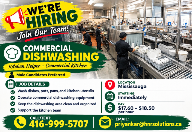 HIRING – COMMERCIAL DISHWASHING / KITCHEN HELPER