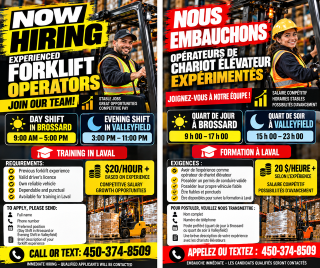 NOUS EMBAUCHONS – OPÉRATEURS DE CHARIOT ÉLÉVATEUR EXPÉRIMENTÉS