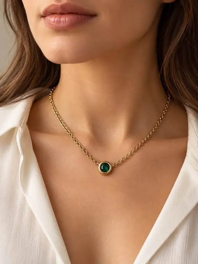 Natural 1.00carat Green Emerald Necklace in 14k gold 16"