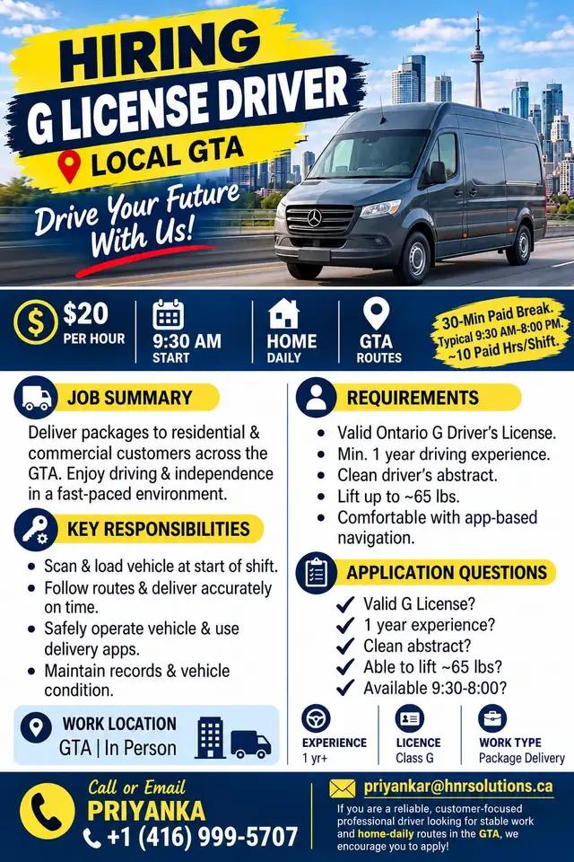Hiring!! G License Drivers – Richmond Hill