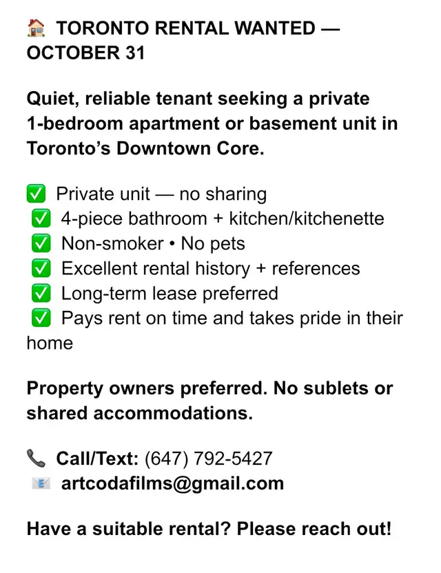 TORONTO LANDLORDS — I’M LOOKING FOR A HOME!