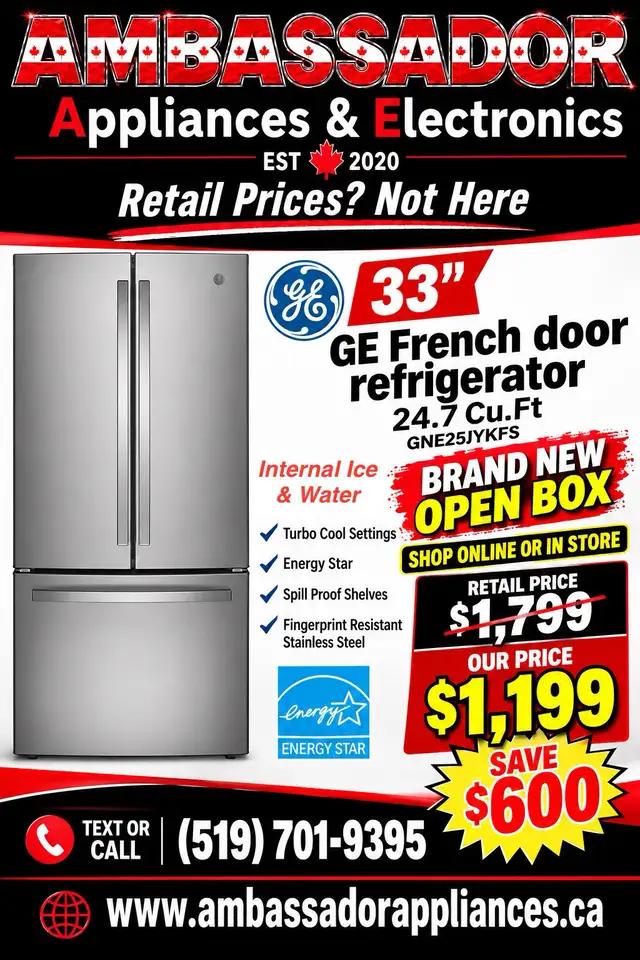 NEW 33" GE Interior Water & Ice Dispenser Fridge (Full Depth)