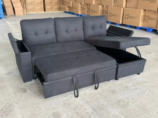Grey L-Shaped Sectional Sofa Bed with Storage & Cup Holders