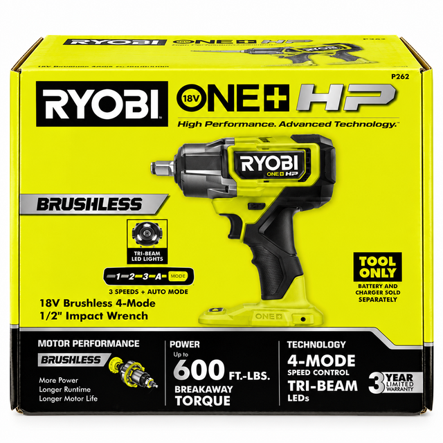 RYOBI P262 ONE  HP 18V Brushless 1/2' Impact Wrench $169