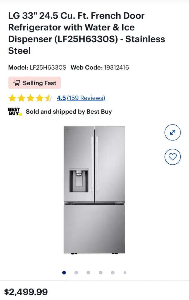 LG 33' 24.5 Cu. Ft. French Door Refrigerator with Water & Ice Di