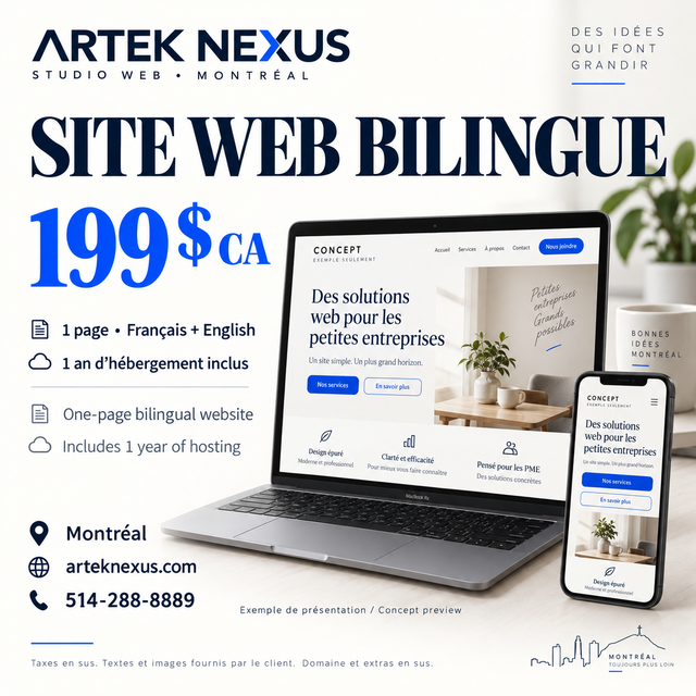 Site web bilingue 199 $ — hébergement 1 an inclus | Artek Nexus