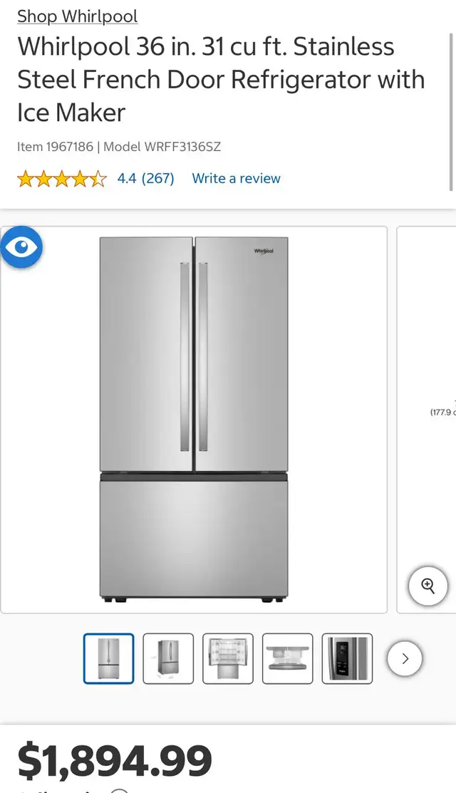 Whirlpool 36 ' 31 cu ft. Stainless Steel French Door Refrigeratr