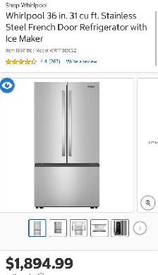 Whirlpool 36 ' 31 cu ft. Stainless Steel French Door Refrigeratr