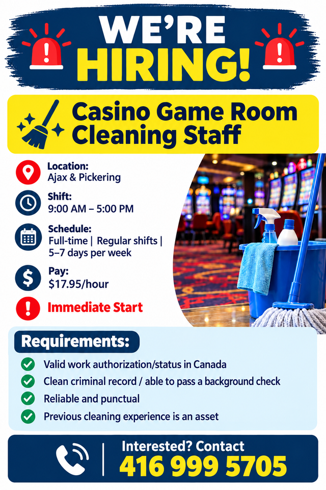 Hiring!! Casino Game Room Cleaning Staff