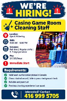 Hiring!! Casino Game Room Cleaning Staff