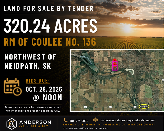 LAND FOR SALE BY TENDER – RM OF COULEE NO. 136 – NEIDPATH, SK