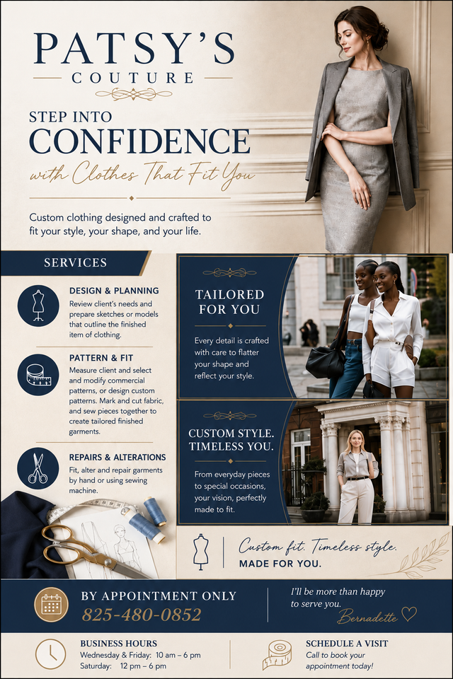 PATSY'S COUTURE: for Custom Tailoring & Alterations
