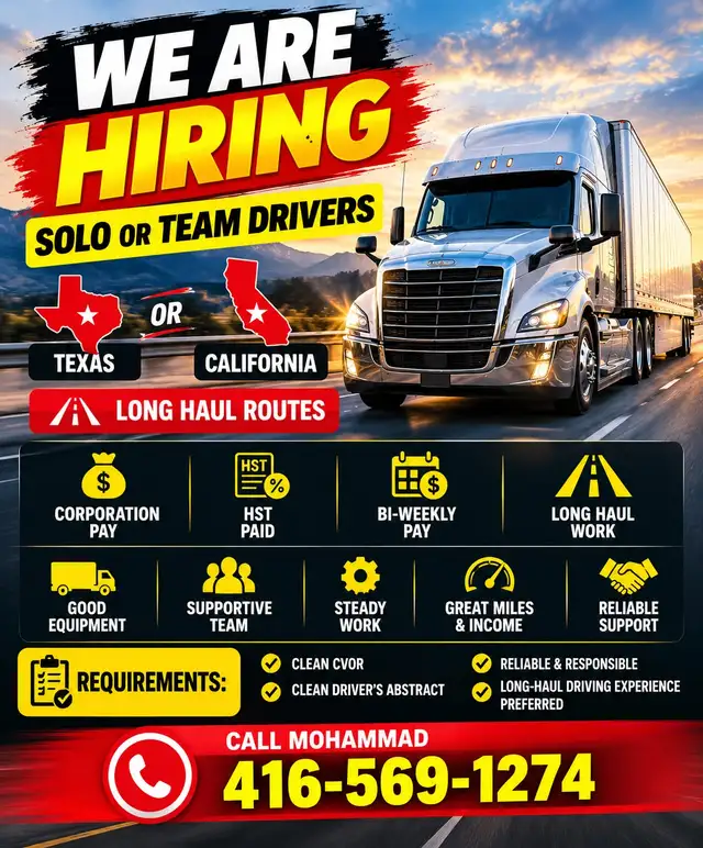 HIRING SOLO OR TEAM AZ DRIVERS – TEXAS / CALIFORNIA LONG HAUL